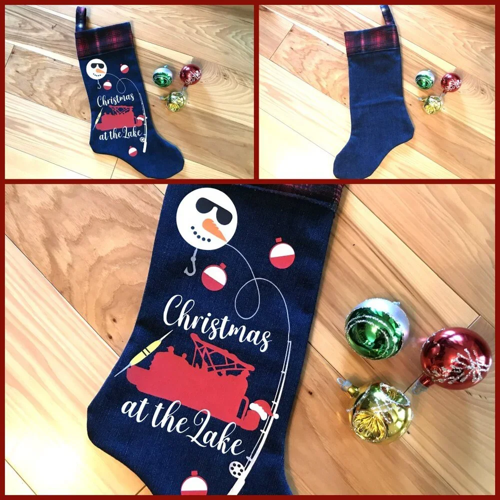 Recycled Denim Christmas Stocking, Lake Cabin Decor Pontoon Fishing Boat